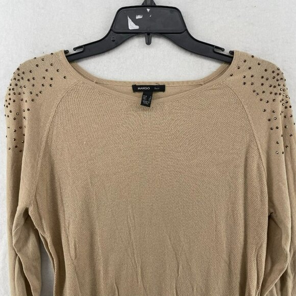 Mango Sweater Women Sz XS Brown Knitted Round Neck Rhinestone Shoulders Pullover - Picture 6 of 12